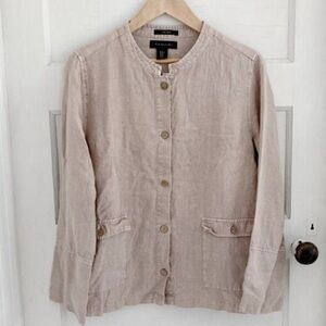 Tahari Linen Beige Button
Down Collarless Long Sleeve Lightweight Jacket or Top
